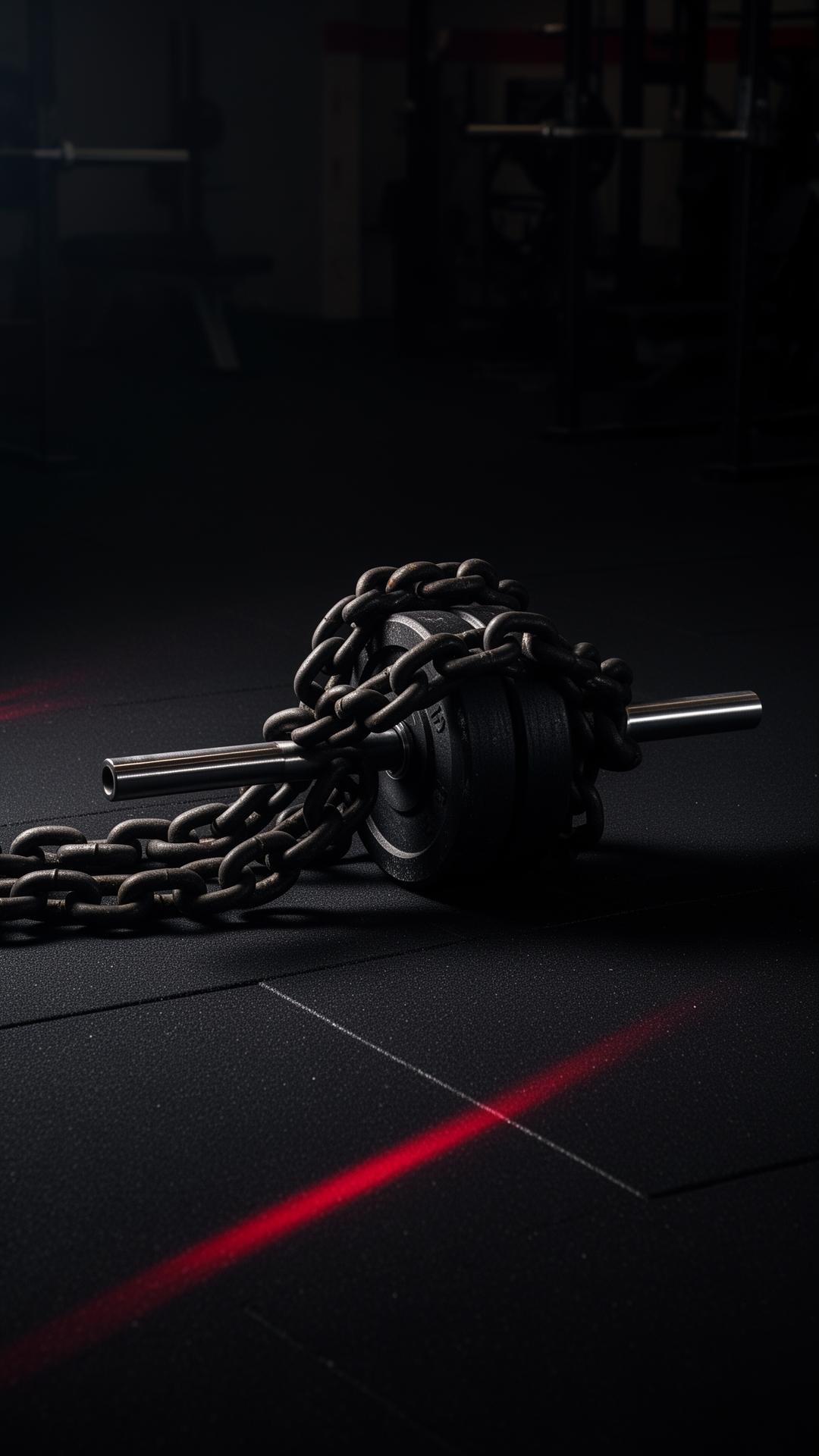 Heavy chain wrapped around barbell in dark gym